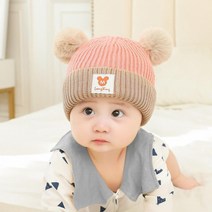 아기 모자 가을과 겨울 아기 더블 볼 니트 모자 신생아 소년과 소녀 아기 모자 스카프 투피스 세트, 3개월-3세, 핑크-미키 더블 볼