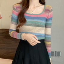 [랜덤플레이] 스퀘어넥 그라데이션 긴팔 골지티