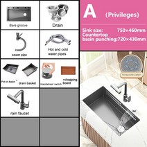 폭포수싱크대 스테인리스 스틸 주방 대형 단일 양각 주방용 대야 설치, 10.7546CM-A-FN-T