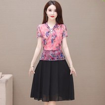 빅사이즈쉬폰원피스 중년 엄마 여름옷 여성 40대 50 작은 키 배가리기 페이크투피스 3816233054