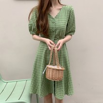 설록 퍼프소매 빅버튼 체크 플레어 원피스