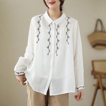 플라워 블라우스 꽃무늬 셔츠 자수 린넨 여성 긴팔 루즈핏 아코디언 플리츠 레트로