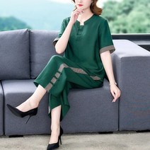 여성 바지 투피스 중년 코튼 탑 와이드 레그 반팔 여름