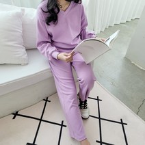 여성 브이넥 맨투맨 트레이닝 바지 세트