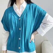 여성 v넥 반팔 꽈배기 니트가디건 조끼 커리어우먼룩 스타일 하객룩 내추럴 루즈핏 봄