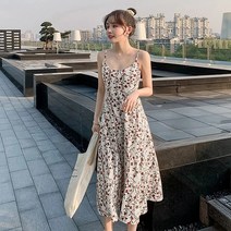 라라사 꽃 멜빵 원피스2022새로운 봄/여름 패션 중간 길이 슬림 플라워 원피스