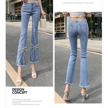 리본 진주 밑단 워싱 포인트 부츠컷 데님 팬츠 201024