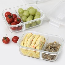 일상쏙 나눔반찬통 내열 유리 밀폐용기 전자레인지용기 세트, 2칸 사각통 2p, 1세트