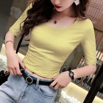 이너긴팔티 블랙 로우 칼라 미들 소매 여성 이너티셔츠 이너웨어 봄가을 크롭 숏 5부 스키니핏 상의 트렌드 4071911743