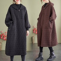 JINGHENG 빅사이즈 여성 겨울 루즈핏 야상 면 도톰 패딩 원피스 날씬해 보이는 서양풍 다이아 후드 원피스 SAFF18464154