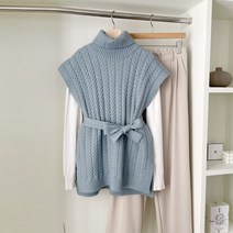 가을 겨울 미시 엄마옷 터틀넥 목폴라 트임 허리끈 꽈베기 왕골 짜임 롱 니트 조끼 베스트