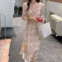 해외루즈핏 여름 린넨 반팔 롱 원피스 사진촬영 제주도 여행룩 휴가 복고풍 브이넥 쉬폰 꽃무늬 드레스 여신룩