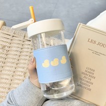 내열유리물병+러블리 컵홀더 2종세트 빨때물통 0.5/0.7리터 강아지 퍼피 병아리 패턴 휴대용 찻잔 투명 워터보틀 선물용 스포츠 헬스 텀블러 플랜의 필수품 밀봉 대구경 운동용, 투명 유리 물병+병아리 패턴 컵홀더, 500ml