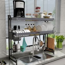 Loyalfire 싱크대 접시 건조대 2단 스테인리스 스틸 대형 보관 조절 가능한 주방 랙 (62 cm -955 cm) 확장 배수구 선반 및 컵 걸이 세트 포함, Black Gray
