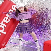 키즈 치어리더 스트릿댄스 패션 비걸 아동 방송댄스 의상 복 세트 댄스개인레슨 성인, 자색 체크 스커트_150cm