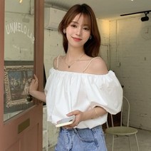 퐁순싸롱 오프숄더 진주 퍼프 반팔 면 크롭 숏 블라우스 SY