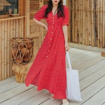 헤링본 여름 롱원피스 도트 브이넥 반팔 플레어 로브 비치원피스 데일리 휴양지룩 비치웨어 HE053