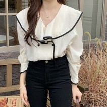 [랜덤플레이] 투톤 프릴 버튼 루즈핏 여성 셔츠 블라우스