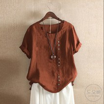 도오빠 여성 중년 반팔 티셔츠 블라우스 루즈핏 라운드넥 무지 단추 베이직 얇은 시원한 봄 여름 40대 50대 60대 여자반팔티