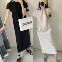 3colors 쫀득 분또 여름 스판 면 반팔 옆트임 일자 h라인 맥시 롱 원피스
