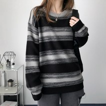 레이디스룸 여성 오버핏 배색 단가라 라운드 니트 티 스웨터