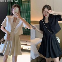JUST FEEL!NG 여름 여성 숏 자켓 정장 플리츠 뷔스트에 투피스 민소매 원피스 세미 정장 데일리 세트