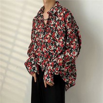 빈티지 로즈 프린트 셔츠 남성 긴팔 프린트 쉬폰 플라워 루즈핏 얇은