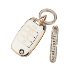 키에티 기아 폴딩키 스토닉 올뉴K5 니로 버튼 차 키케이스 키홀더 + 분실방지 큐빅 전화번호판, 4버튼, 화이트 골드라인