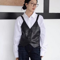 ANYOU 여성 조끼 봄 가을 레더 가죽 숏 베스트