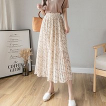 포린박스 쉬폰 주름 플리츠 꽃무늬 밴딩 롱 스커트 YJ