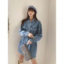 레트로 여성 구제 워싱 블루진 데님 자켓 원피스 봄가을 캐주얼 유니크 데일리 청치마