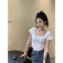 CWCH(특허제품) 밀레니엄 핫걸 디자인 쁘띠 핫픽스 반팔 티셔츠 여 여름 쇼트 언발란스 슬림 상의, 평균, 백색