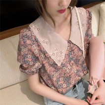 카디건데이지 퍼플 플라워 블라우스 여성 반팔 년 여름 베이비 칼라 퍼프 블라우스
