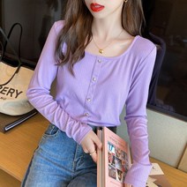 여성티셔츠캐주얼 긴 소매 여성 티셔츠 탑 슬림 가을 풀오버 스퀘어 칼라 일반 의류 한국 유행 올 매치 패