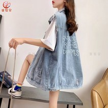 셀럽당 데님 베스트 여 봄여름가을 오버 레터링 프린트 조끼 코트
