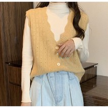 펀칭 레이스 브이넥 셔링 니트 조끼 러블리룩 데일리조끼