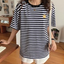 패스타임 여자 여름 스마일 프린팅 스트라이프 면100% 오버핏 반팔 티셔츠