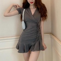 스티치 스트링 언발 셔링 미니랩프릴당일배송 원피스 2color