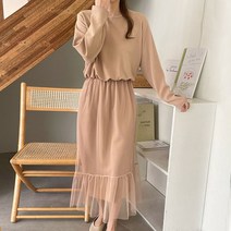 여성용 매쉬 셔링 라운드 원피스