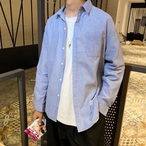 스트라이프 면 난방 민트색 Y 남자 논아이론 셔츠 린넨 파란색 여성 삼색 오버핏 빅사이즈 남성