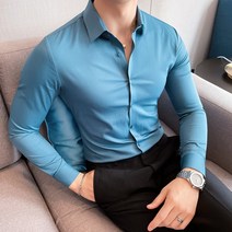 남성셔츠 2023 목걸이 자수 긴팔 캐주얼 슬림 드레스 단색 포멀 비즈니스 소셜 의류 탑