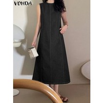 린넨 원피스 마 빅사이즈 롱 리넨 VONDA 여름 여성 데님 미디 드레스 패션 단색 무지 파티 Sundress 캐주얼 A-Line 민 비치 Vestidos 로브