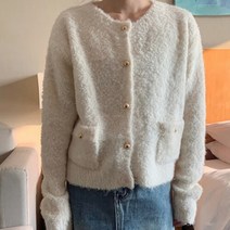 여성 겨울 데일리 울 부클 포켓 니트 가디건
