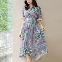 스타일온미 더무드 에스닉 플라워가든 새틴카라배색 벨트SET 쉬폰 롱 원피스