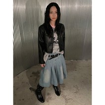 로우라이즈 데님 핀턱 플리츠 스커트