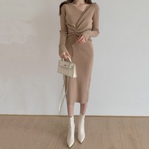 넷투넷코리아 여성 니트 롱 원피스 오프숄더 루즈핏 셔링 스트링 랩