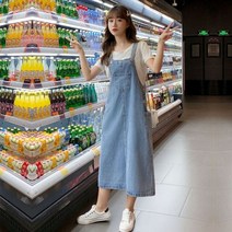 빅카라원피스 상견례 원피스 하객 데님 오버올 솔리드 스파게티 스트랩 포켓 청바지 드레스 여성용 한국 스타일 프레피 여학생