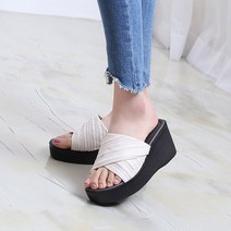 런슈즈 (국산) 8cm 크로스 셔링 웨지 통굽 키높이 여성 사무실 슬리퍼