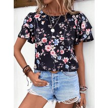 플라워 프린트 나비 소매 블라우스