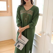 데일리앤 프레리 여성 루즈핏 브이넥 레터링 슬라브 면 긴팔 롱 원피스 봄 가을